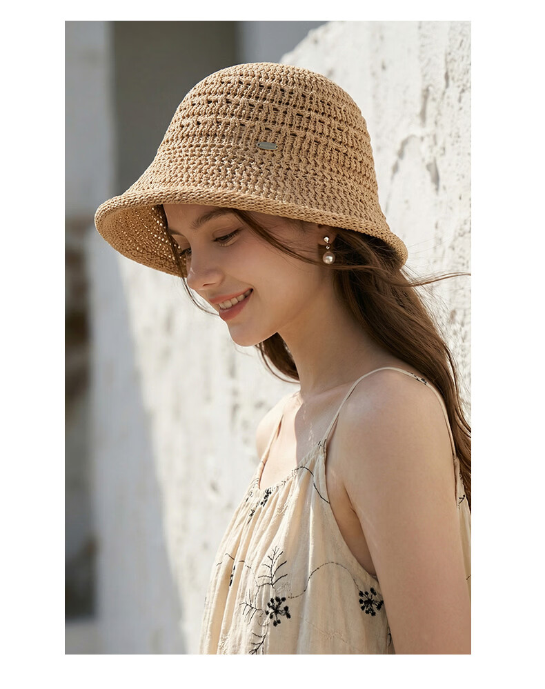 CACUSS Hollow Weave Sun Hat for Women Summer Outdoor Face-Slimming Retro Breathable Bucket Hat Khaki 8