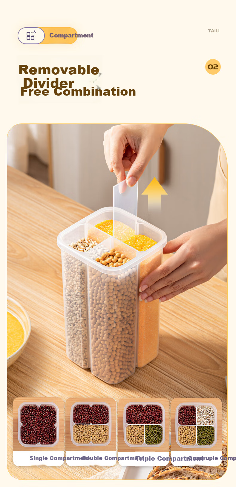 Taili Five-Grain Storage Box Sealed Jar Food-Grade Grain Rice Container Four-Compartment Cereal Bean Organizer 3