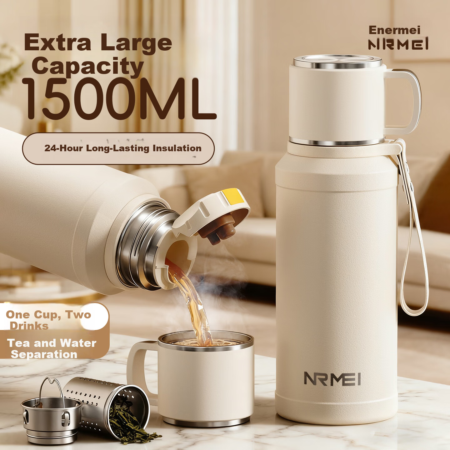 NRMEi Insulated Large Capacity Men's Tea Separation 316 Stainless Steel Portable Men's Steeping Tea Water Bottle Cup