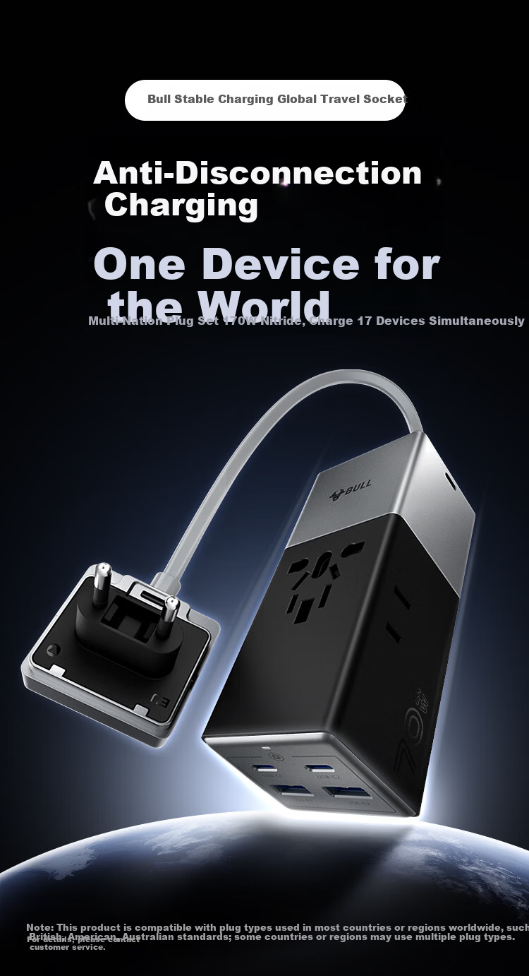 BULL 20W Gallium Nitride Fast Charging Multi-Country Socket, Global Travel Adapter Plug, Self-Contained Cord for Overseas Trips, Business Trips, And Study Abroad, Anti-Drop Multi-Outlet Plug, European Standard, American Standard, Australian Standard, British Standard 2