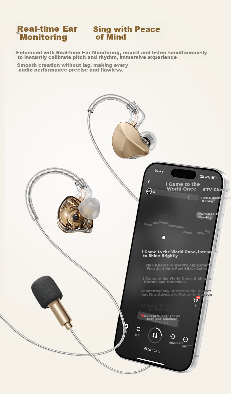 Quanmin K Ge Tencent Music Joint Custom Immersive Sound Computer Sound Card Wired Control K Song Headset Microphone Speaker with Scoring Live Singing Recording Kpods Pro - Gold 8