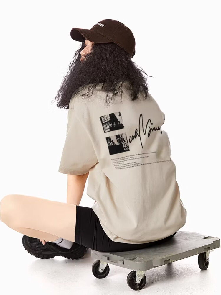 ICH MODE 260G Heavyweight Trendy Back Print Oversize T-Shirt Women Top Apricot L 13