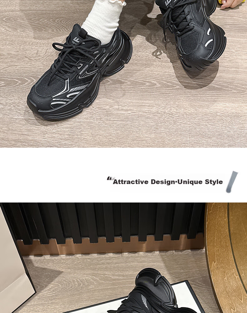 Warrior Women's 2026 Spring Mesh Thick-Soled Dad Sneakers Fashion Casual Shoes Black Silver Size 35 20