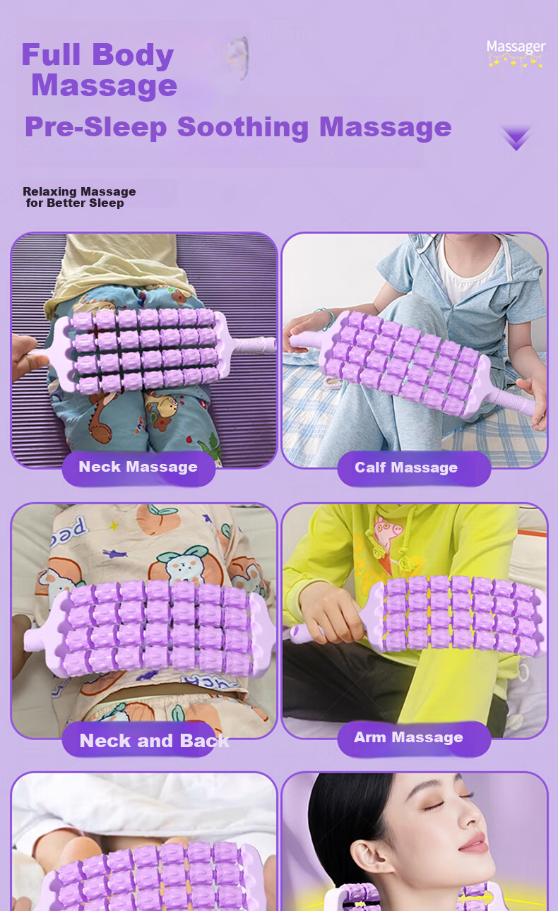 Duweike Children's Massage Stick Flexible Wolf Tooth Roller Fascia Muscle Relaxation Sensory Integration Training 4 Rows 28 Wheels Pink 5