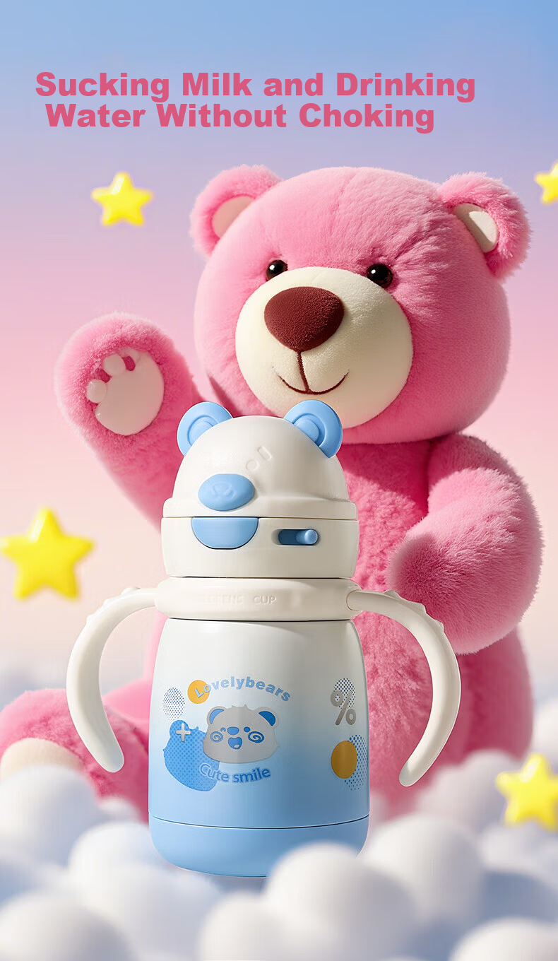 Licheers Children's Insulated Straw Cup for 1-3 Years Old Baby, Student Water Bottle, Baby Drinking Insulated Cup, Light Pink 1