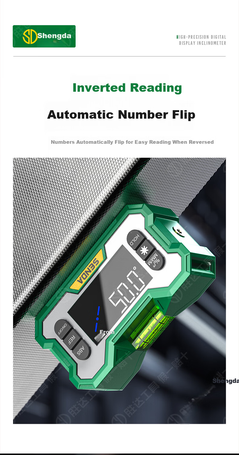 Shengda High-Precision Digital Inclinometer Box Electronic Digital Display Green Light Level with Magnetic Angle Meter Slope Gradient Ruler 7