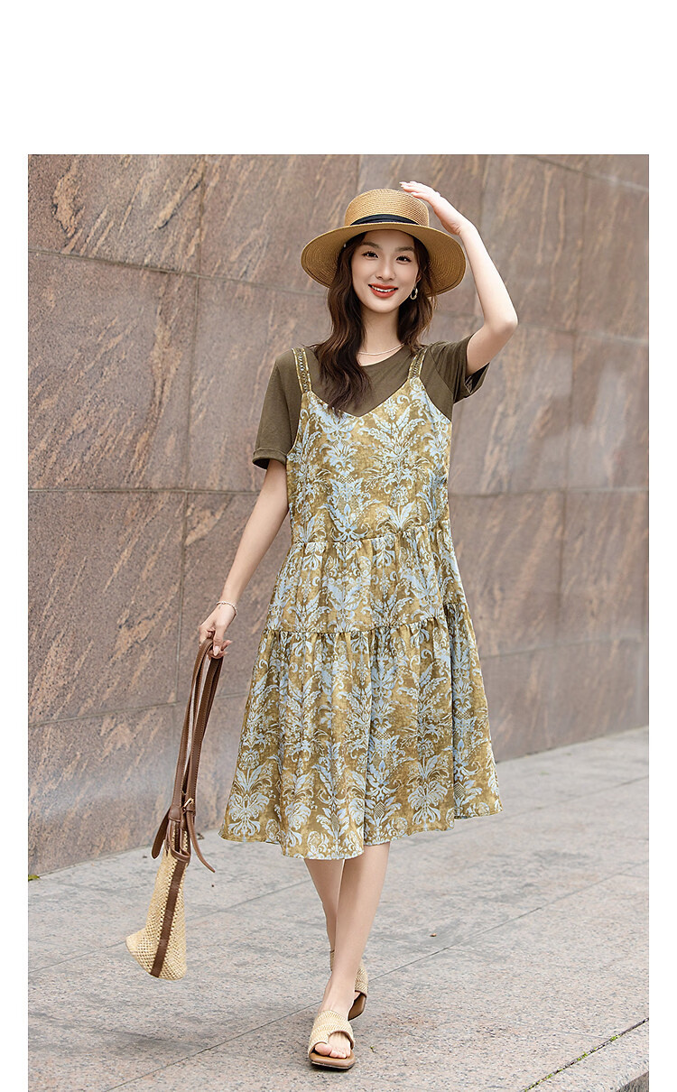 Demana Cute Little Cake Summer Fake Two-Piece Spliced Ribbon Decor Loose Slimming Concealing Dress for Women Premium 7