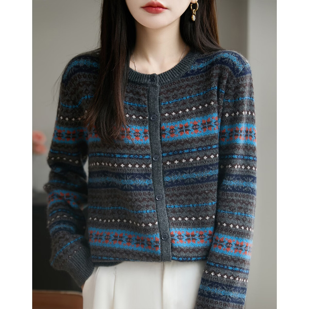 Demana Spring Fair Isle Jacquard Crew Neck Colorblock Loose Slim Wool Rabbit Hair Knit Sweater for Women Premium