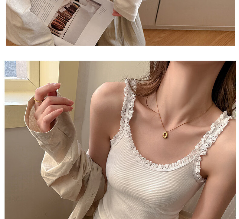 Modal Ribbed Cotton Camisole Tank Top for Women with Wheat Ear Lace Trim Slim Fit Basic Outerwear in Beige 21