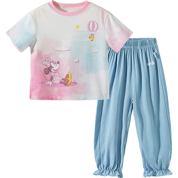 Disney Spring Summer New Girls Ice Cool Short Sleeve T-Shirt Lightweight Breathable Anti-Mosquito Long Pants Casual Set Pastel Color 100