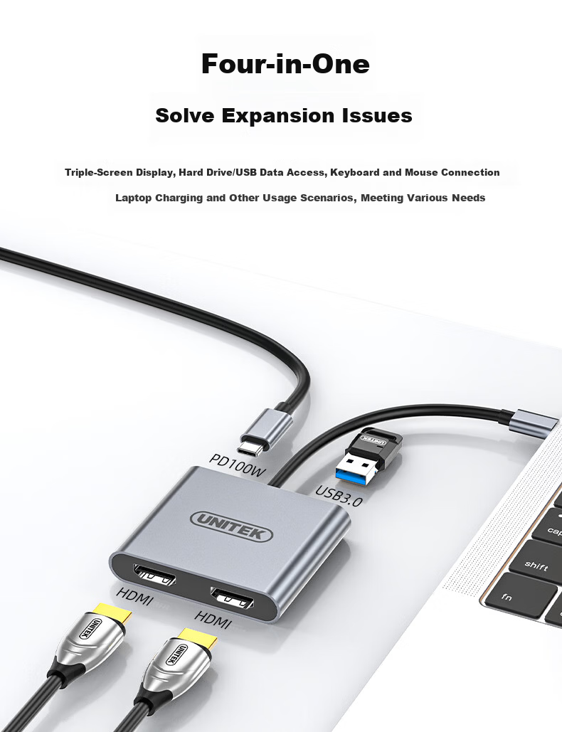 Superior Type-C to Dual HDMI Docking Station Triple Screen Display Splitter 4K HD PD Fast Charging USB Expander Dual Display Adapter USB-C Converter 2