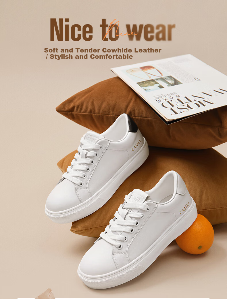 CAMEL Women's Minimalist Casual White Leather Flat Lace-up Sneakers L24S504610 White 40 5