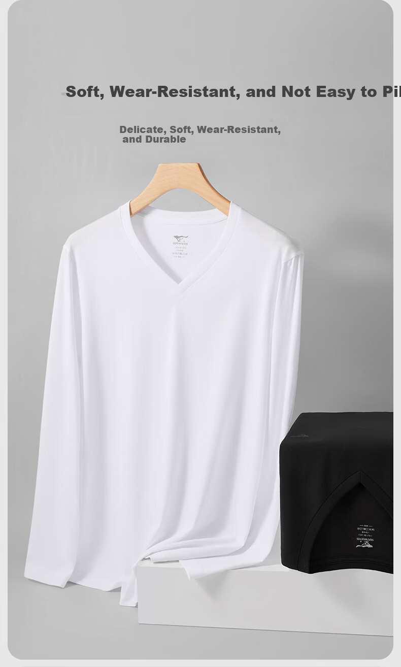 Seven Wolves 100% Cotton Men's Long Sleeve V-Neck T-Shirt Solid Color Sportswear Basic Shirt 9