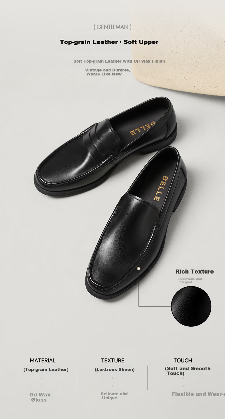 Belle Slip-On Loafers Men 2026 Spring Summer Commuter Cowhide Business Leather Shoes A2327 Black - Moccasin 42 5