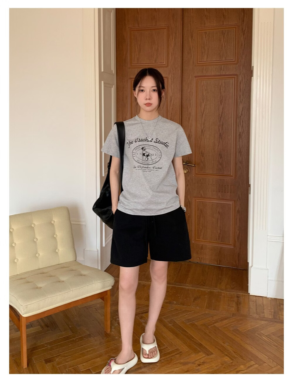 ICH MODE "Puppy Travelogue" Korean Retro College Style Chic Shoulder Short Sleeve T-Shirt Women Casual Top White M 20