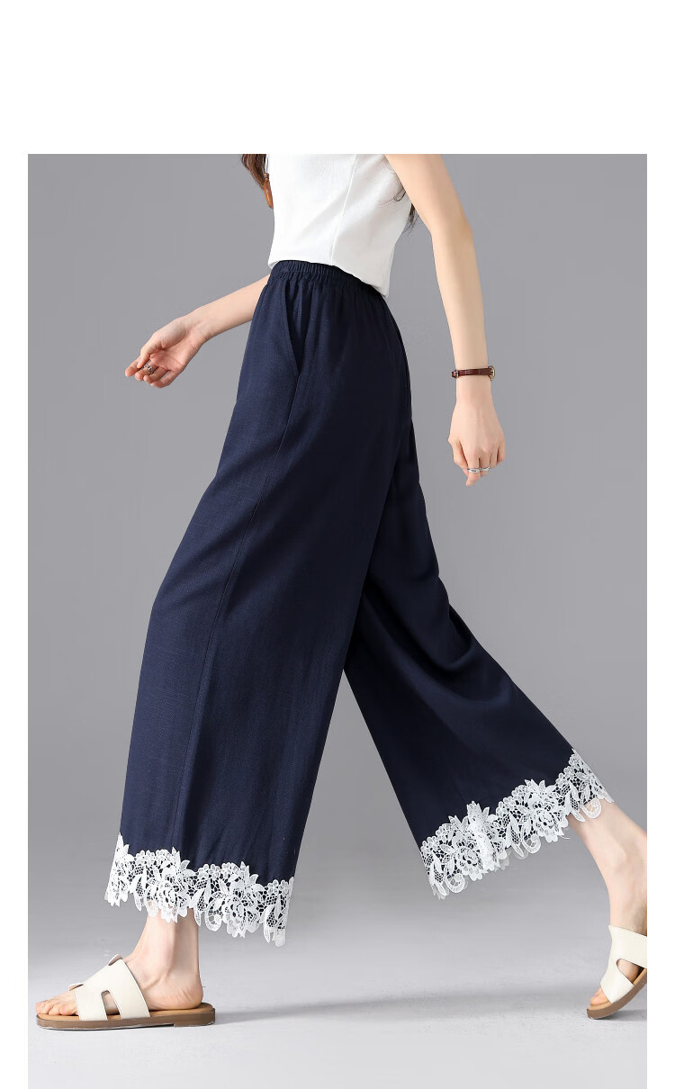 Demana [with Linen Lyocell] Summer Cropped Pants Simple Lace Trim Elastic Waist Straight Slim Casual Pants for Women 11