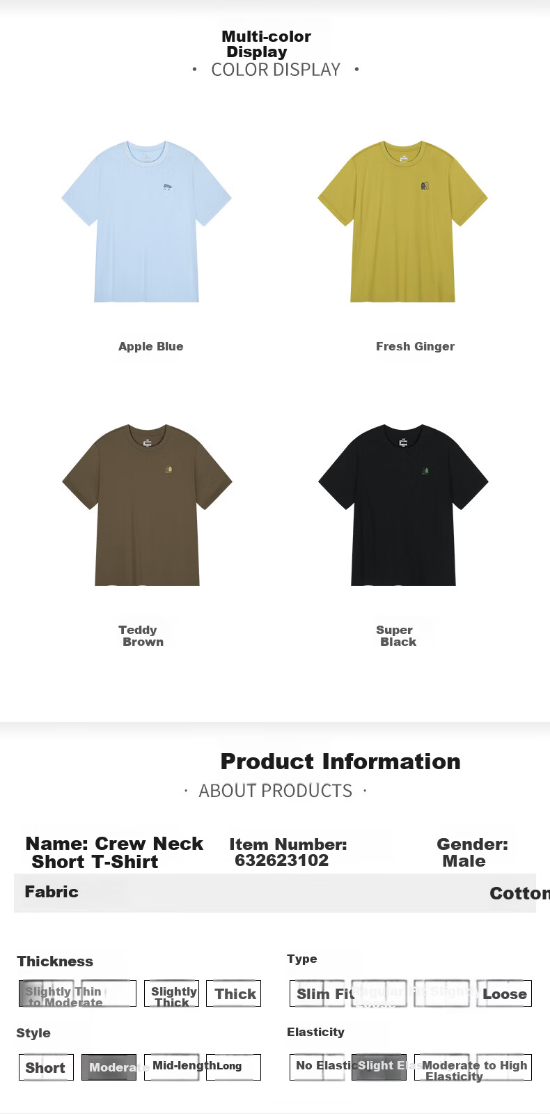 361° Unisex T-Shirt Spring Summer New Pure Cotton Sports Outdoor Loose Fit Crew Neck Short Sleeve Top 632623102-7 24