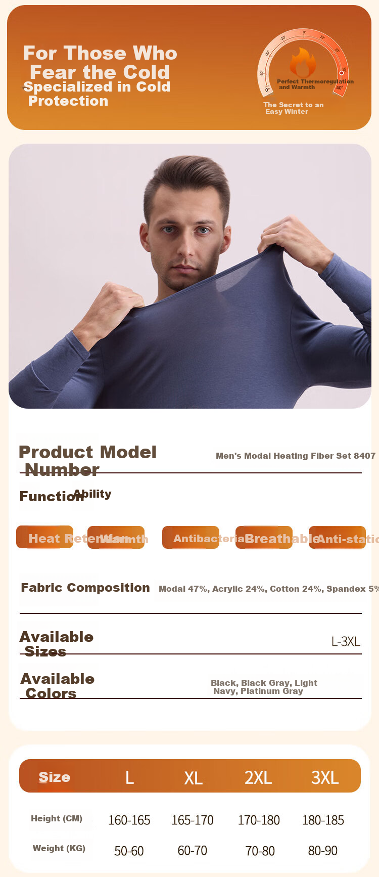 COVER ORANGE Men's Thermal Underwear Winter Set Modal Antibacterial Antistatic High Elasticity Temperature Lock Comfortable 8