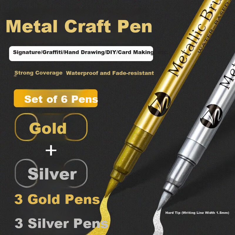GOTOVAN Metal Acrylic Marker Pen Gold and Silver Waterproof Fade-resistant Signature Pen Gold Paint Pen Gilding Pen Soft Brush Paint Pen Photo Album DIY Black Card Paper Marker Pen