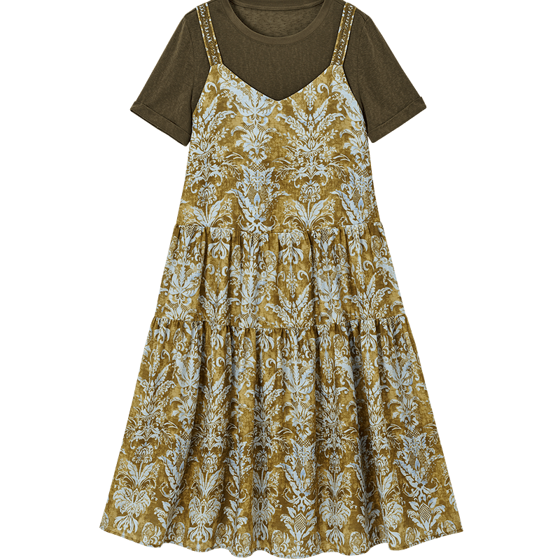 Demana Cute Little Cake Summer Fake Two-Piece Spliced Ribbon Decor Loose Slimming Concealing Dress for Women Premium
