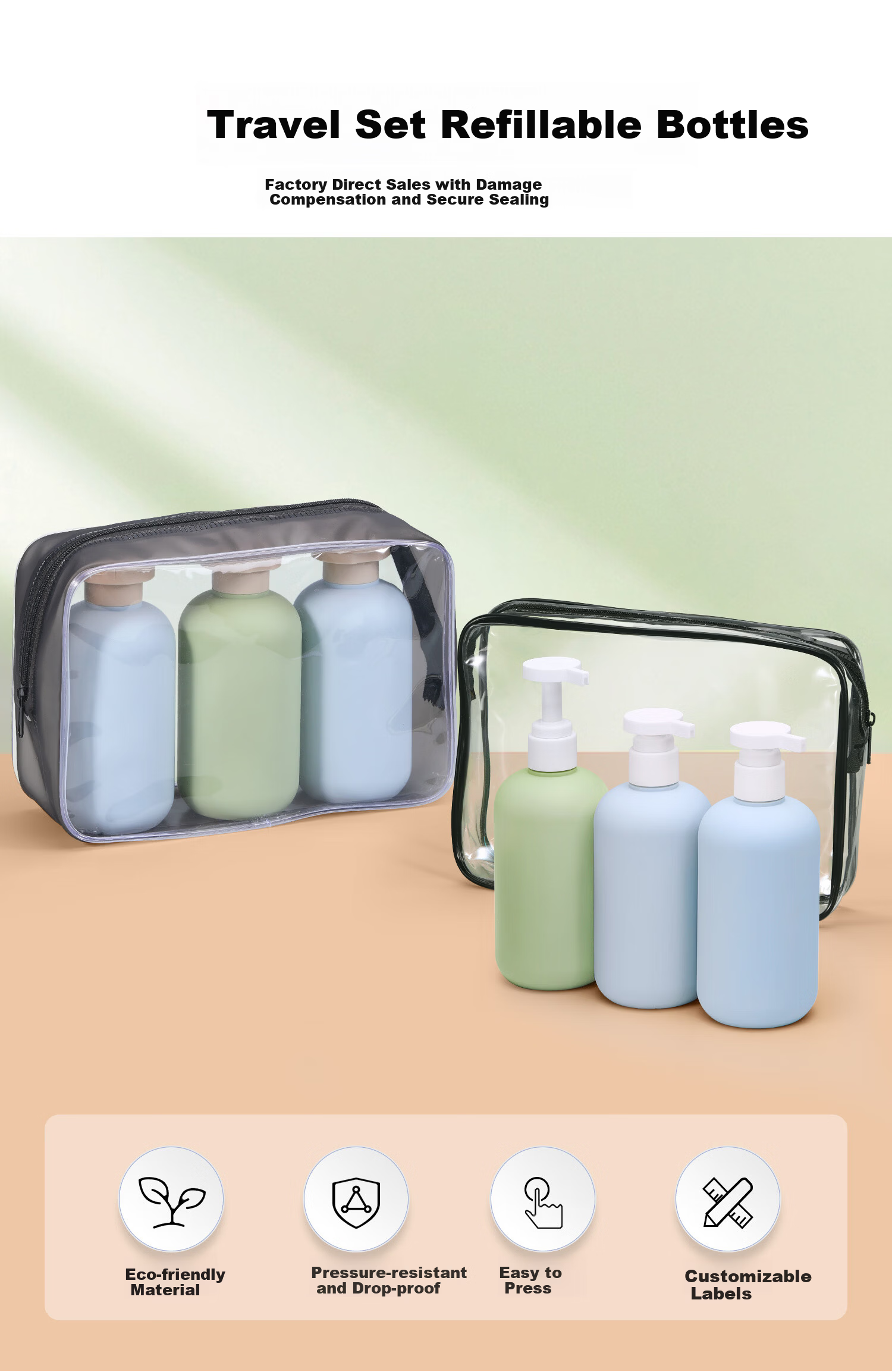 Kelorock Travel Refillable Bottles Waterproof Toiletry Bag Portable Press Dispenser Bottles for Shampoo and Shower Gel 1