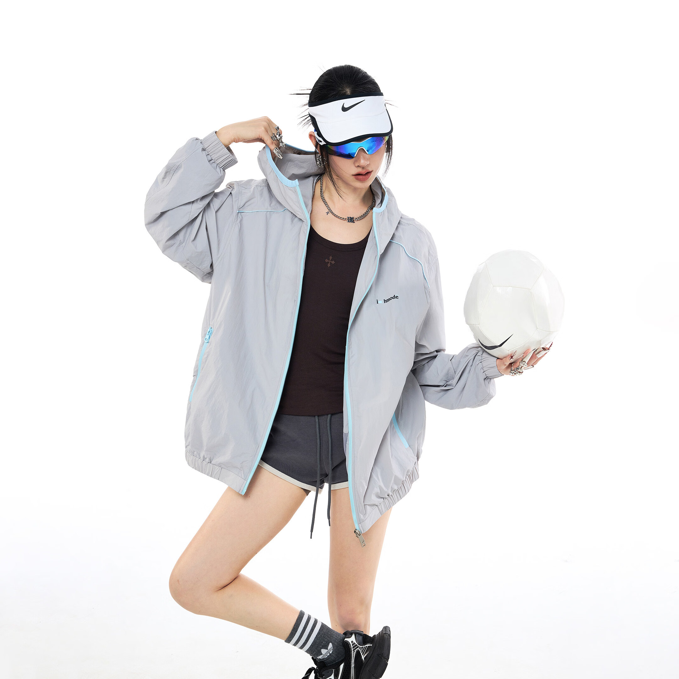 ICH MODE Colorblock Physical Sunscreen Jacket Women Spring Summer New Hooded Coat UV Protection Sunproof Clothing Light Gray S