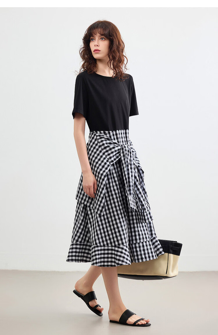 Demana Faux Two-Piece Style Summer Urban Casual Plaid Patchwork Round Neck Waist-Slimming Mid-Length Dress for Women 16