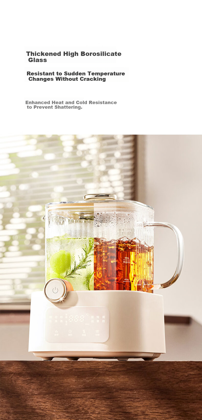 BASSENS Small Square Glass Health Pot 1.2L High-Quality Tea Kettle Health Water Boiler Electric Ceramic Stove Constant Temperature Kettle Tea Maker with Filter And Tea Strainer 7