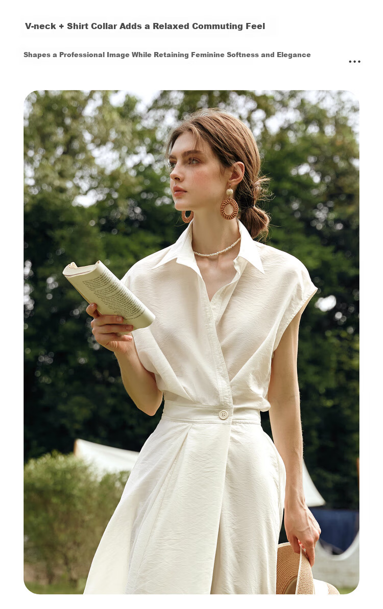 Olrain Eurielle Vintage Shirt-Style Raglan Sleeve Waist-Cinched Dress with Flared Skirt Women Beige L 6