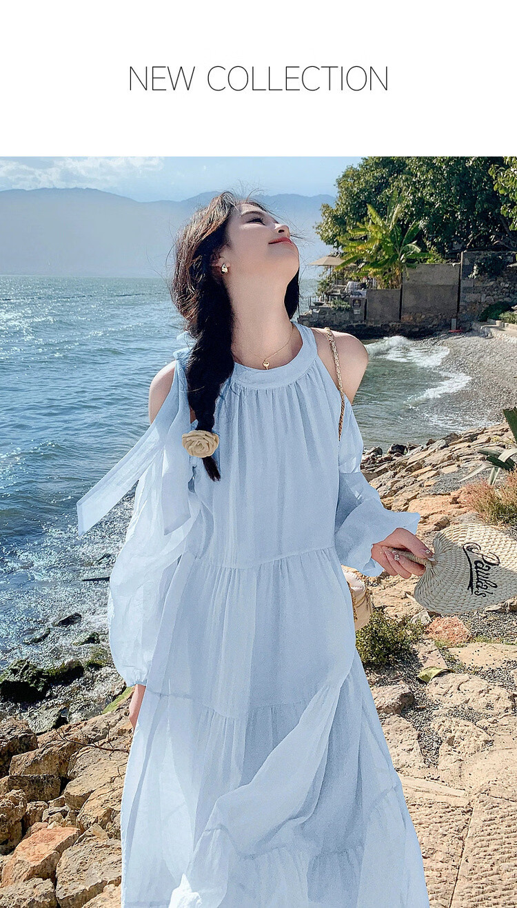 Mt Lightweight Holiday Series Spring Fresh Halter Neck Round Collar Off-Shoulder Lantern Sleeve Chiffon A-Line Women's Dress 1