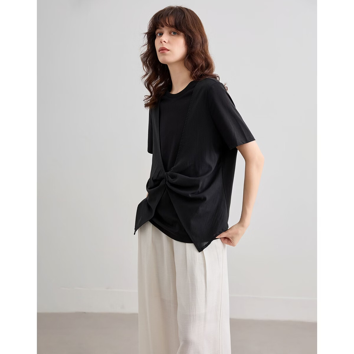 Demana [Comfort Sorona] Summer Fake Two-Piece Spliced Organza Round Neck Short Sleeve Slim Fit Petite Women's T-Shirt