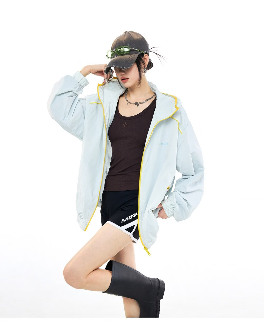ICH MODE Colorblock Physical Sunscreen Jacket Women Spring Summer New Hooded UV Protection Coat Light Blue M 12
