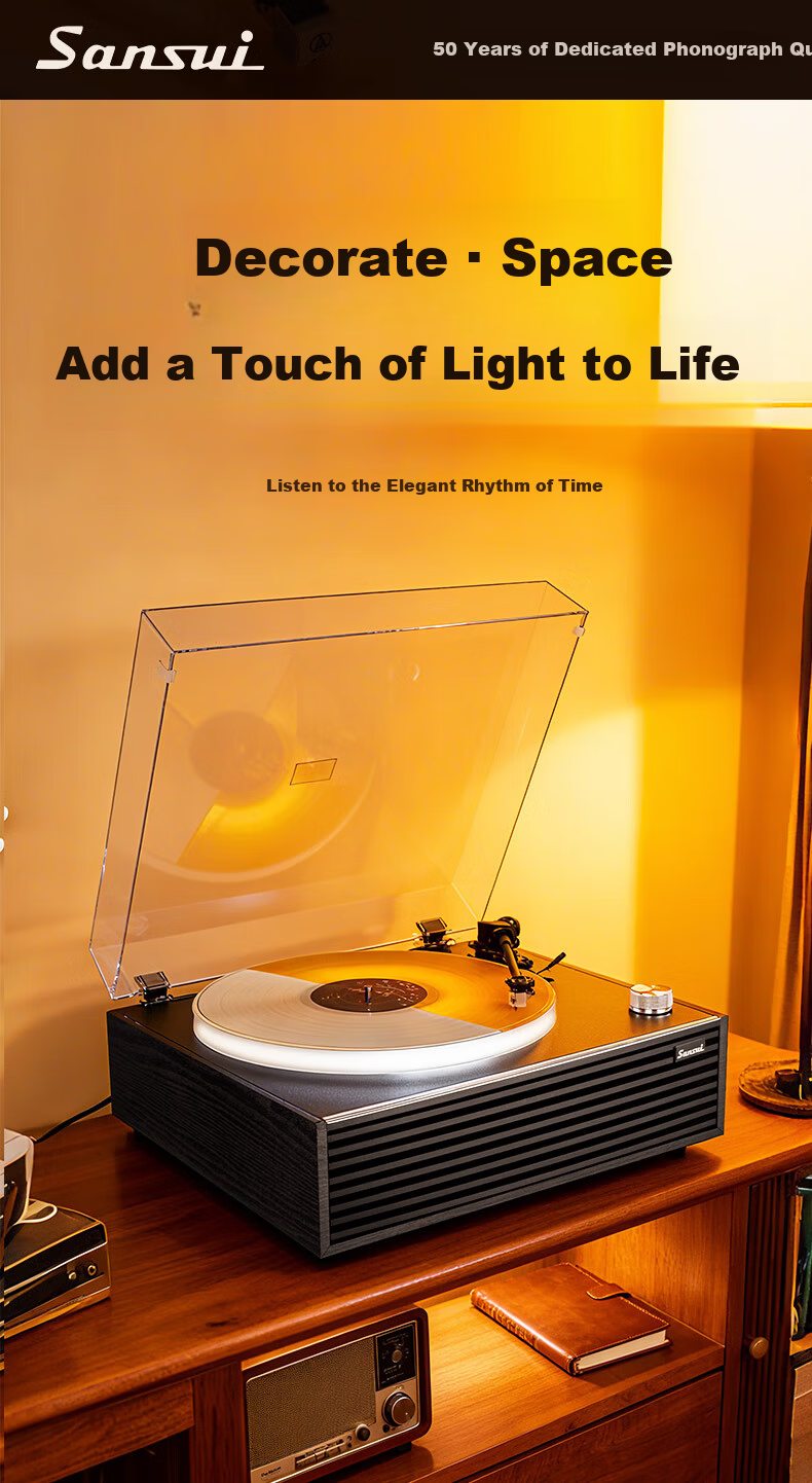 SANSUI Vintage Bluetooth Turntable with Ambient Light, Retro Vinyl Record Player, Integrated Phonograph, Luxury Home Audio Speaker, Birthday and Spring Festival Gift V19 5