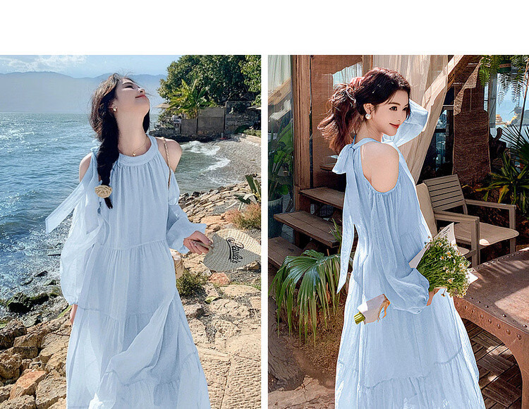 Mt Lightweight Holiday Series Spring Fresh Halter Neck Round Collar Off-Shoulder Lantern Sleeve Chiffon A-Line Women's Dress 10