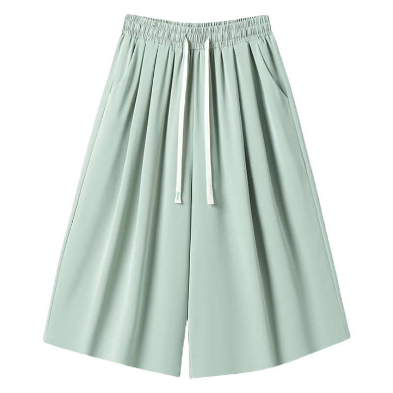 La Chapelle Women's Summer Thin High-Waist Slim Loose Draped Mid-Calf Wide-Leg Skort Green L