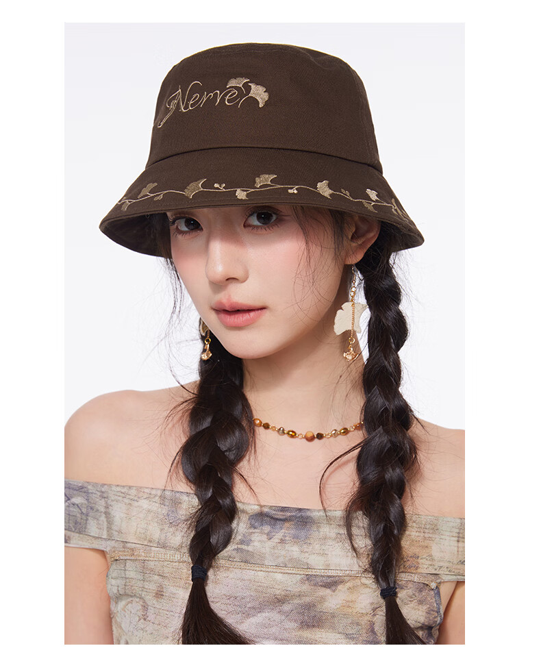 CACUSS Women's Summer Embroidered Bucket Hat Casual Face-Slimming Pure Cotton Sun Hat Caramel Brown 8