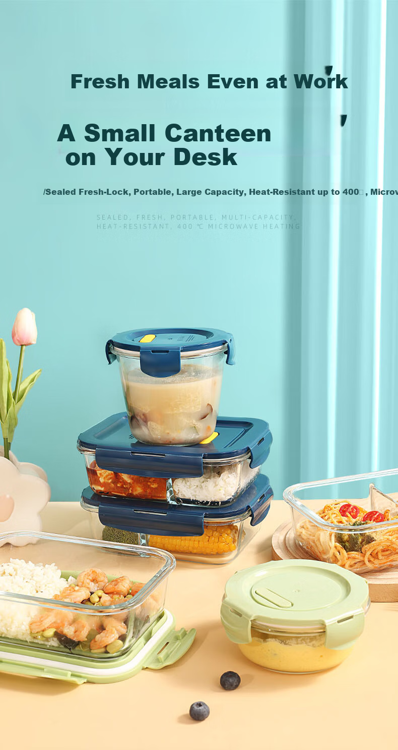 Demasi Heat-Resistant Glass Food Storage Container, Microwave-Safe Lunch Box for Office Workers, Bento Box with 2 Compartments, Heightened Design, 1060ml + 650ml + Bag 1