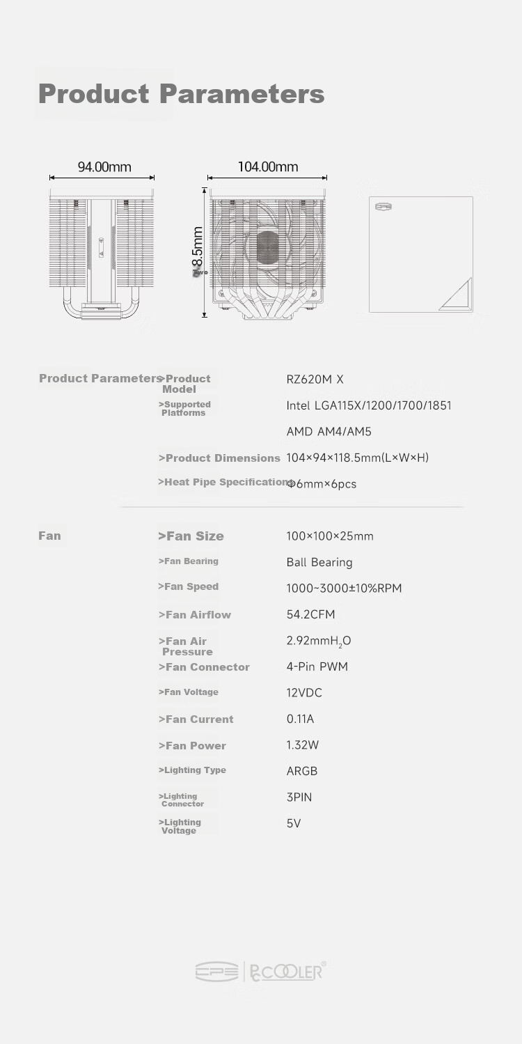 PCCOOLER RZ620M X White CPU Air Cooler (6 Heat Pipes/Mini Dual Tower/Dual Ball Bearings/10CM Performance Fan/Supports 1700 AM5) 3