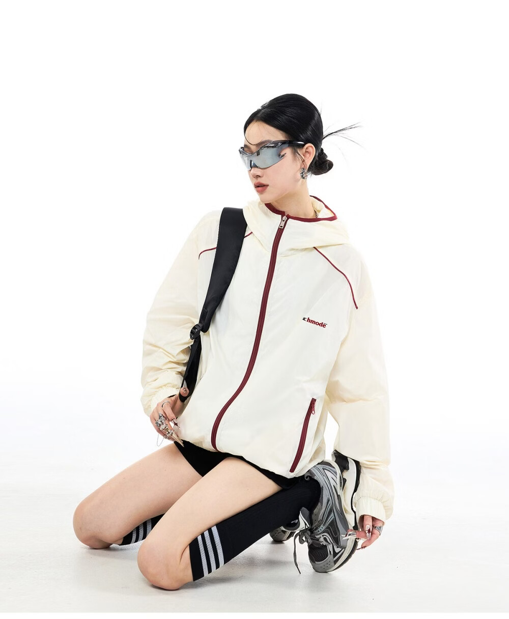 ICH MODE Colorblock Physical Sunscreen Jacket Women Spring Summer New Hooded UV Protection Coat Light Blue M 26
