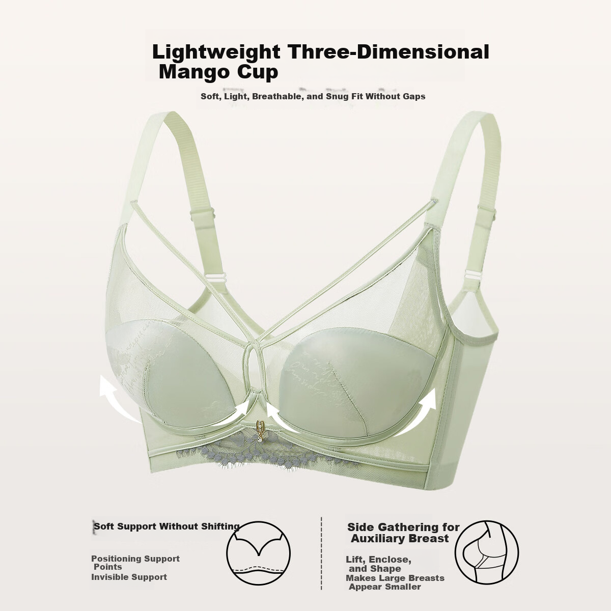 Ordifen Women's Breathable Deep V Small Bust Mango Cup Soft Underwire Push-Up Side Support Bra XBHA18