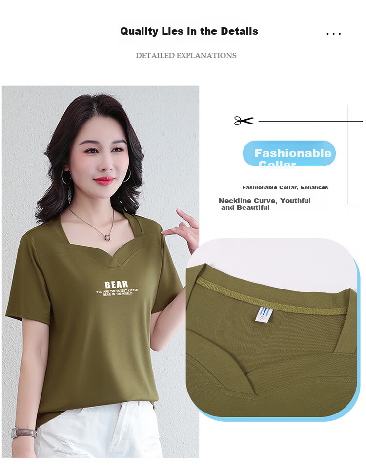 Woodpecker Ice Silk Short Sleeve T-Shirt Women Summer New Middle-Aged Thin Slim Casual Half Sleeve Top Royal Blue 3XL 3