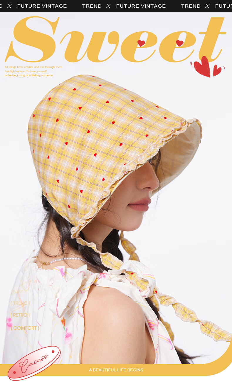 CACUSS Women's Summer Sun Hat Lightweight Bucket Hat Heart Lampshade Hat Age-Reducing Ruffled Sun Hat Honey Yellow 1