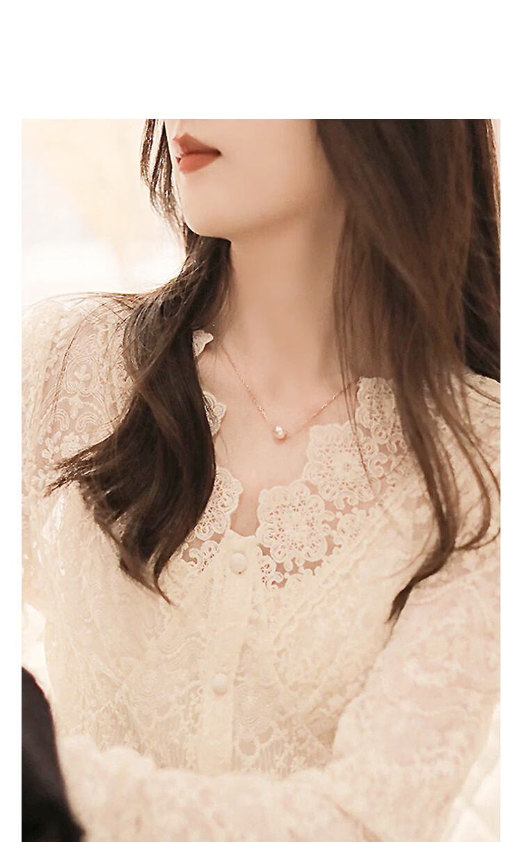 Demana Gentle Milk Cream Spring French Style V-Neck Lace Trim Pearl Button Slimming Shirt for Women Premium Feel 7