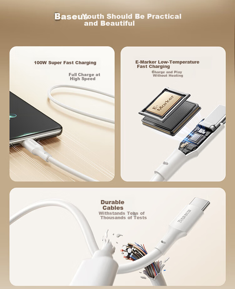 Baseus Dual-Head Type-C Charging Cable PD 100W/88W Super Fast Charge Data Cable for Huawei Honor Xiaomi Apple iPhone 17/16/15 iPad Laptop Car Use 2m 2