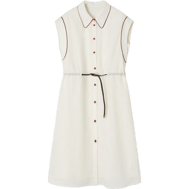 Demana [Comfort Oxygen Cotton Series] Summer Commuter Striped Color-Block Trim Polo Collar PU Belt Mid-Length Dress for Women