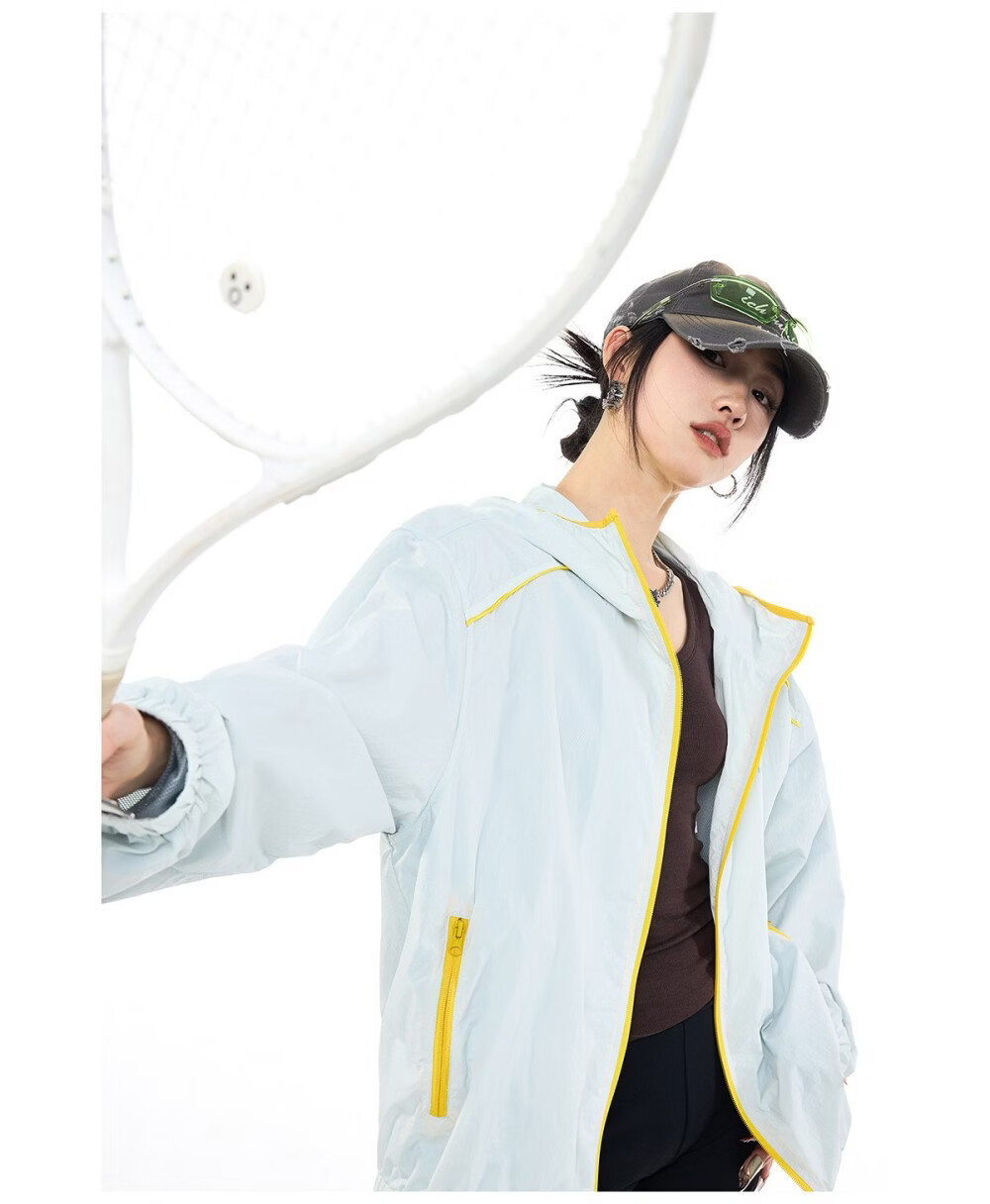 ICH MODE Colorblock Physical Sunscreen Jacket Women Spring Summer New Hooded UV Protection Coat Light Blue M 11