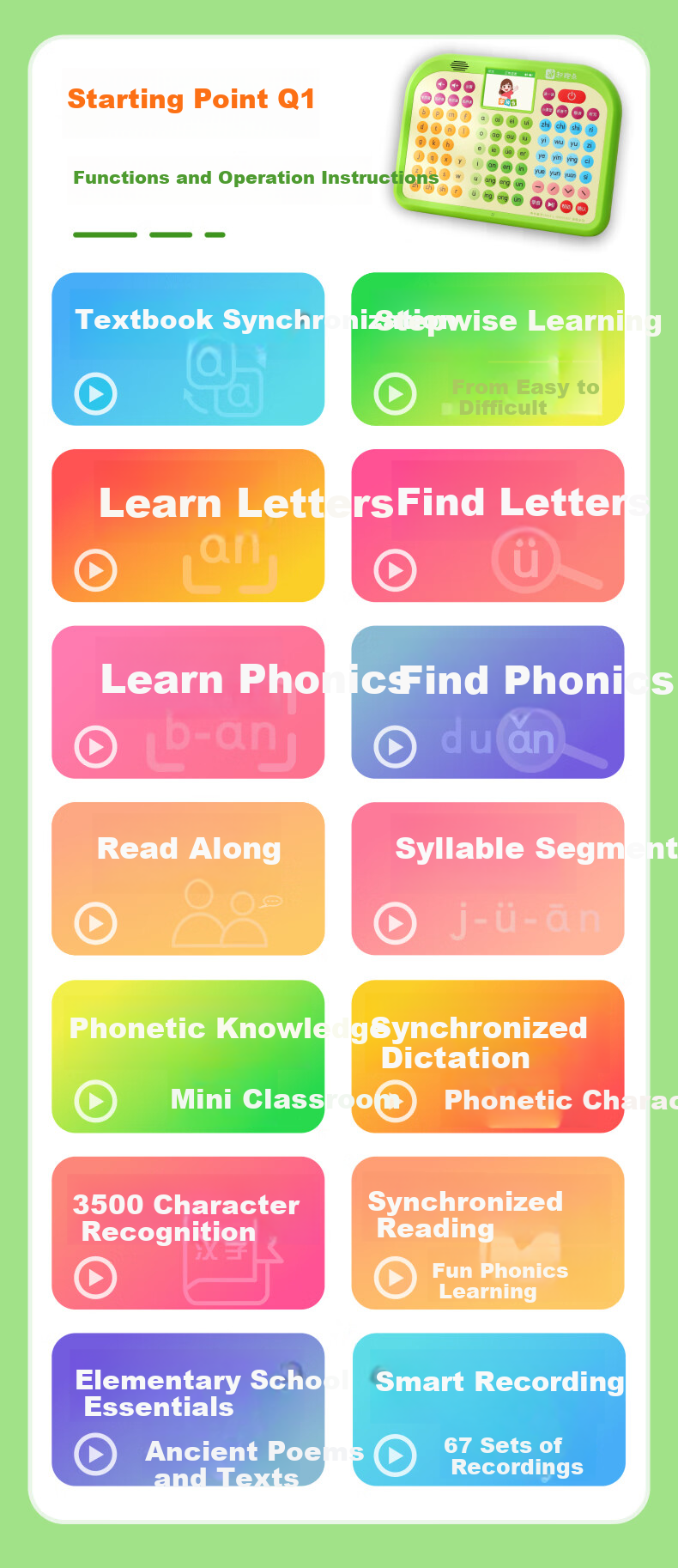 Qipao Pinyin Learning Machine Phonics Training Device Early Childhood Transition Grade 1 Textbook Synchronized Literacy Ancient Poetry Reading Pen Children's Educational Toy Student Birthday Gift Earl 2