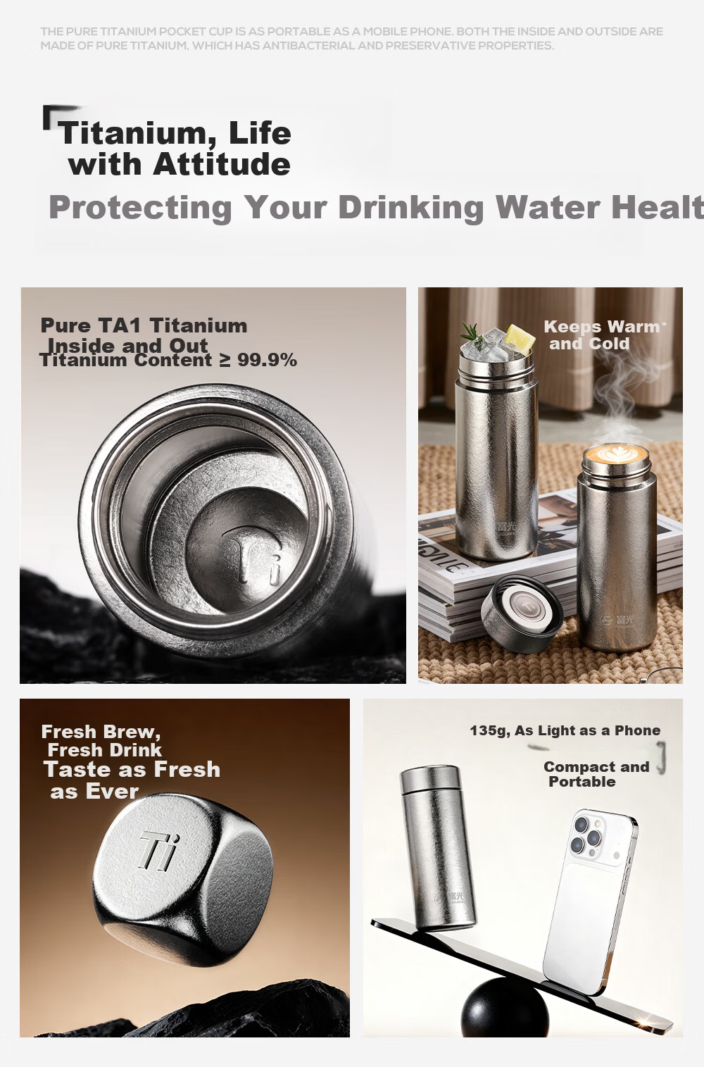 FGA Fugang Pure Titanium Insulated Water Bottle for Men and Women, Stylish Compact Portable High-End Gift Cup 2