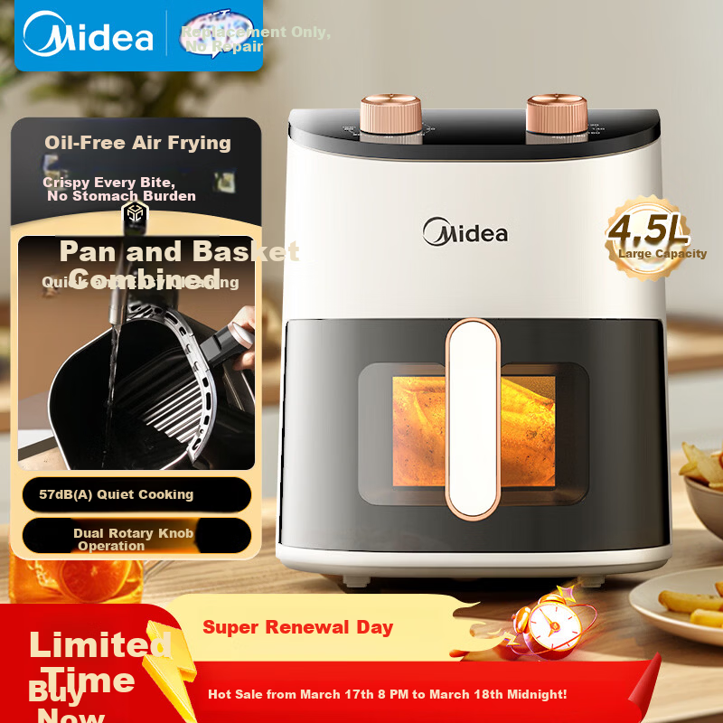 Midea Air Fryer 4.5L Home Use Visible Large Capacity Fully Automatic No Flip Oven Dual Knob Easy Control [KZE4588TQ] Offline Model