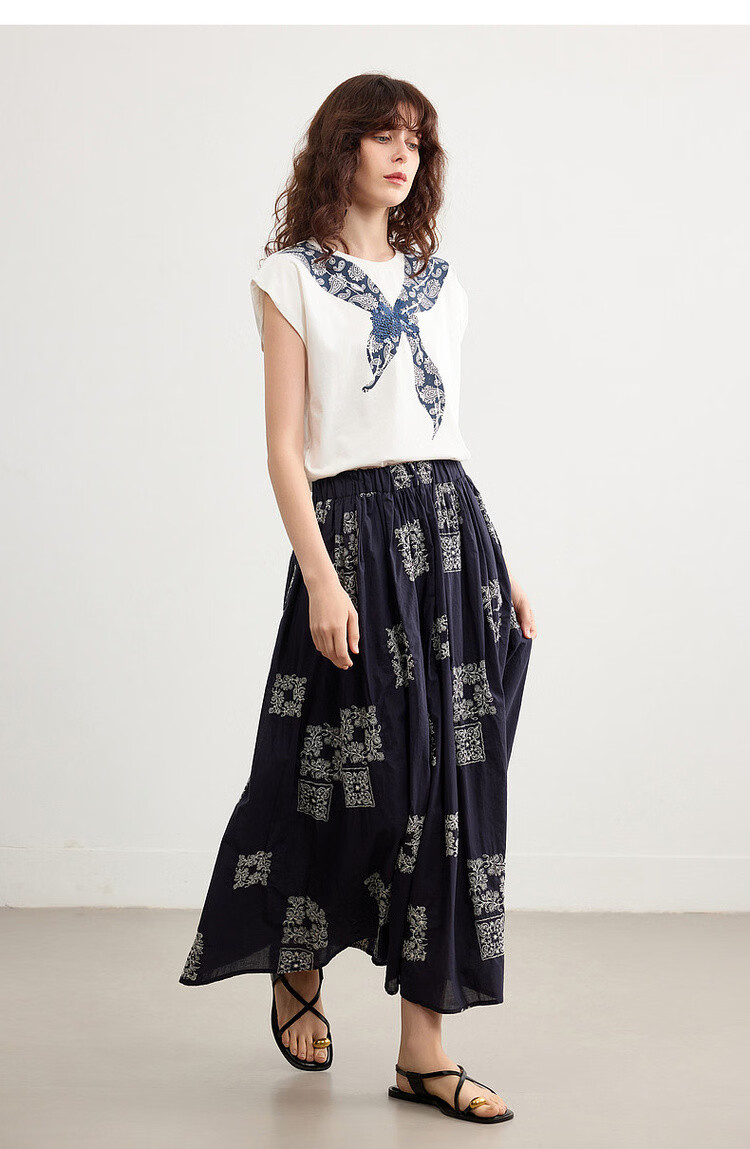 Demana Pure Cotton Poetry Summer Vintage Color-Block Embroidered Elastic Waist Slimming Mid-Length Skirt for Women 18